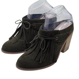 Sole Society Wilshire Olive Green Suede Fringe Stacked Heel Mules